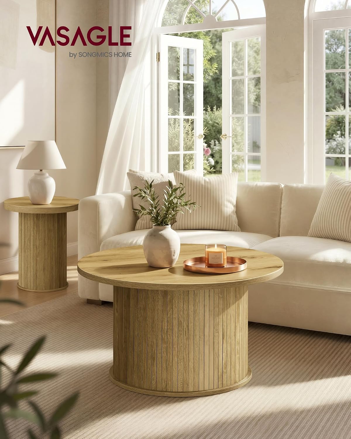 VASAGLE Round Coffee Table, Living Room Table with Tambour Design