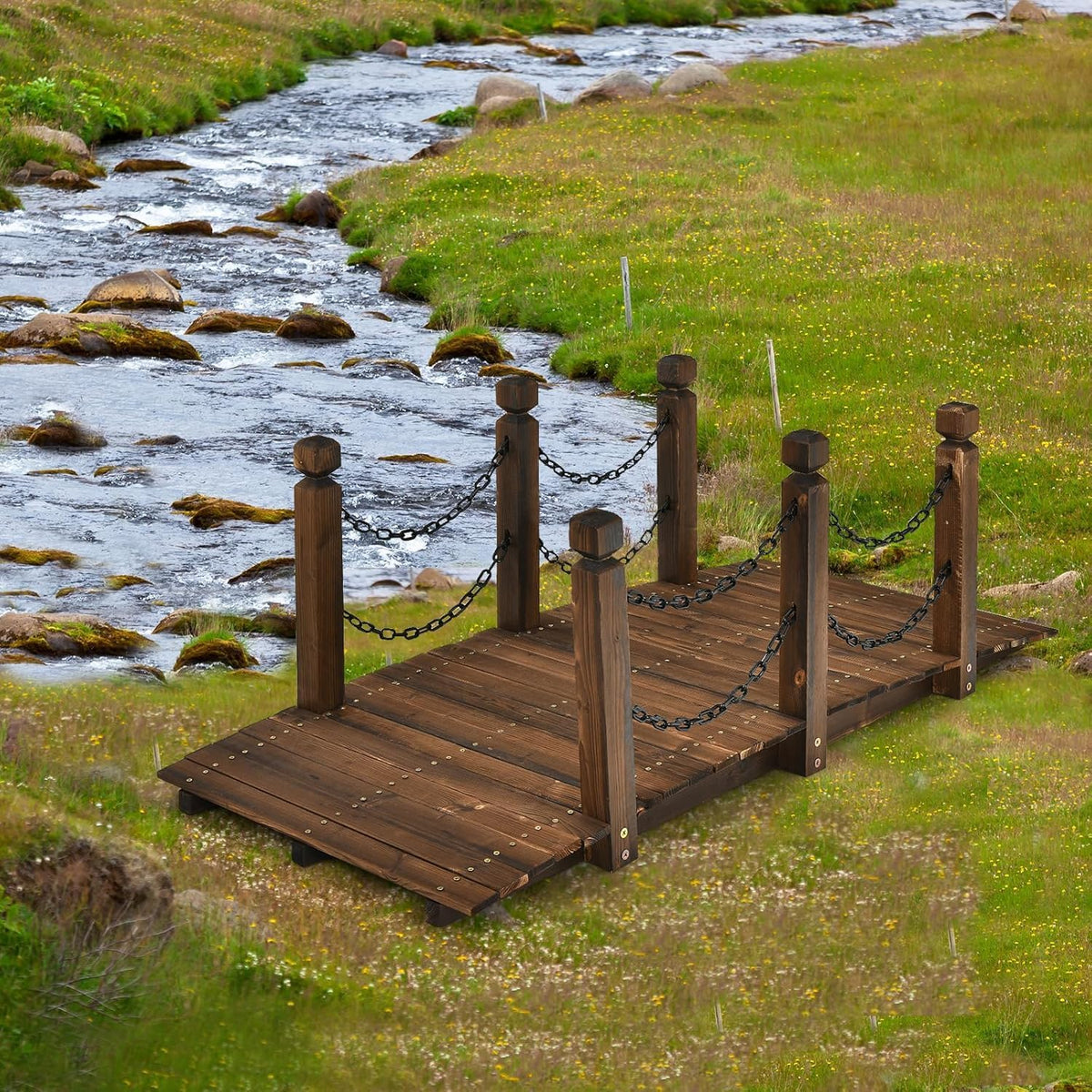 HAPPYGRILL 5FT Wooden Bridge with Safe Chain Railings
