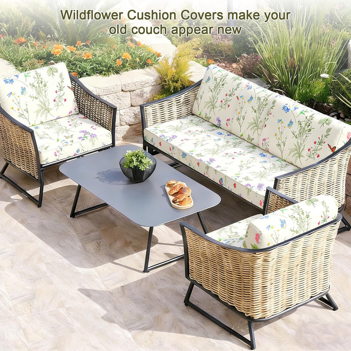 Spring Wildflower Patio Cushion Covers Spring Floral Stretch Outdoor Couch Cushion Cover Replacement Outdoor Sofa Slipcovers for Home Patio Furniture Covers Washable Reusable Chairs Protector 12PCS