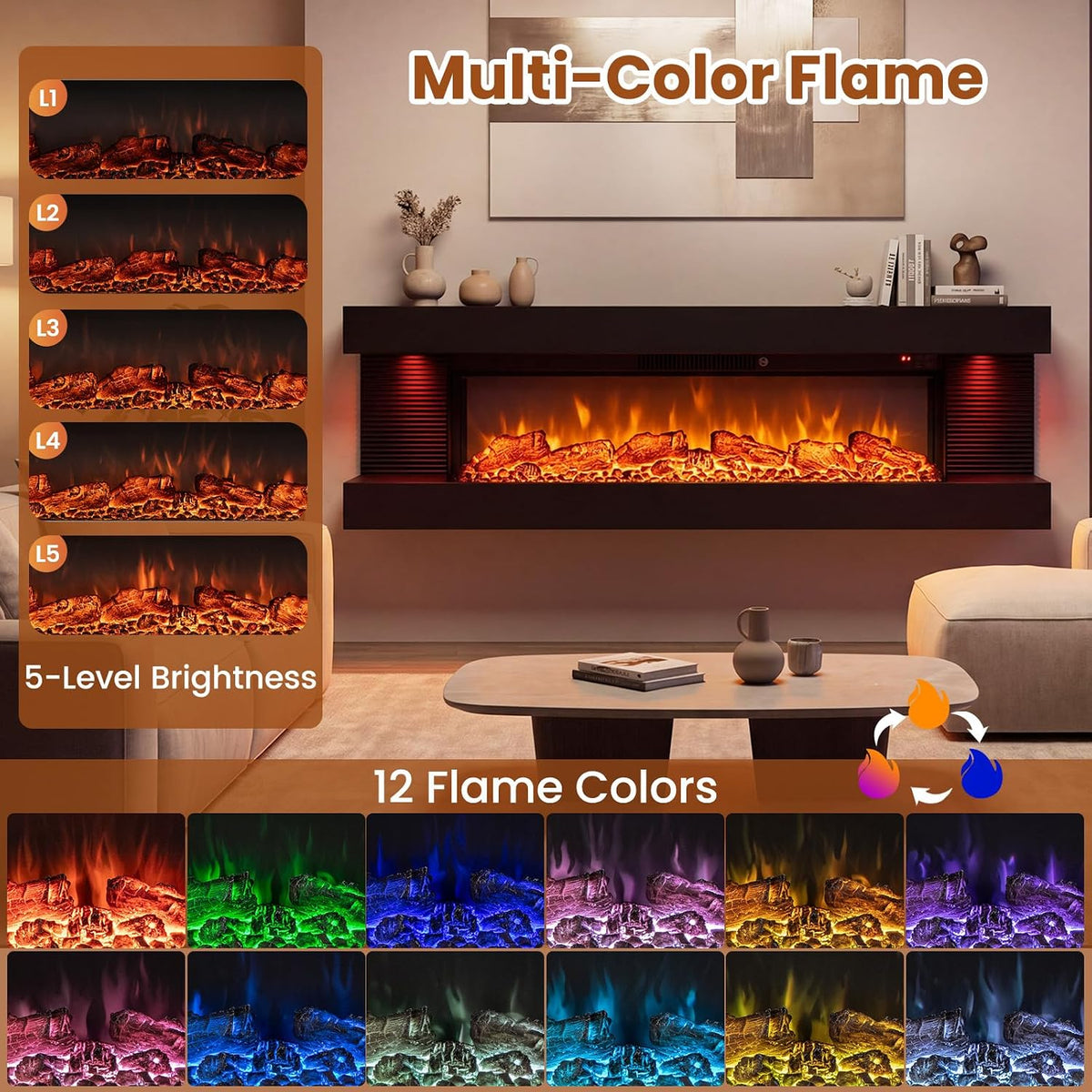 ORALNER 3 Sided Wall Mount Electric Fireplace w/ 50" Floating Mantel, Black