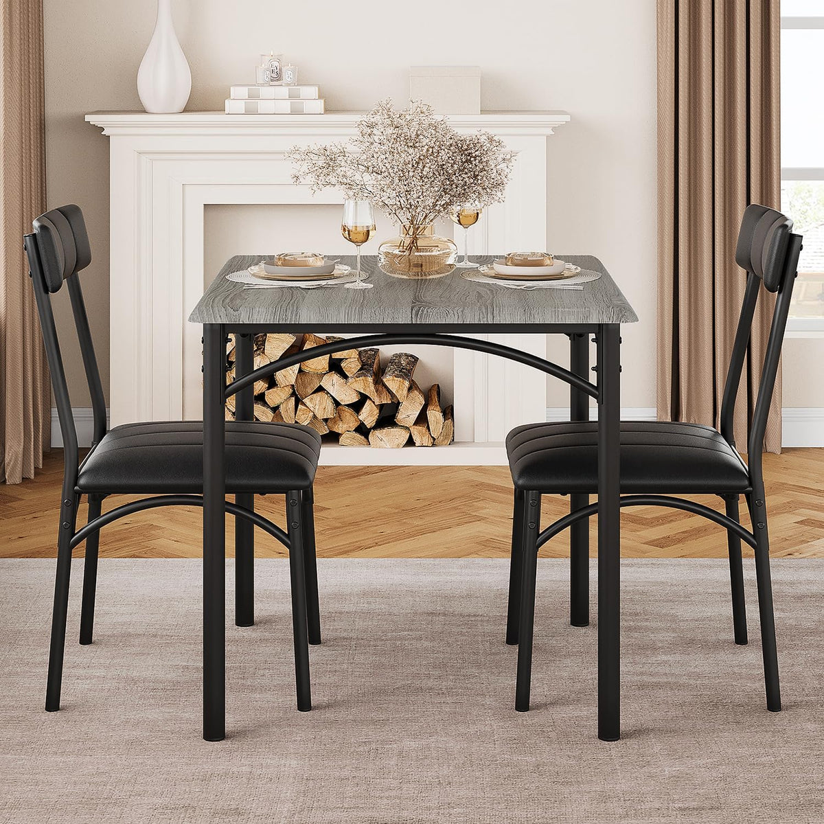 3-Piece Dining Table Set for 2, Kitchen Table Set with 2 Upholstered Chairs, Square Dining Table Set for Apartment, Studio, Small Space, Gray