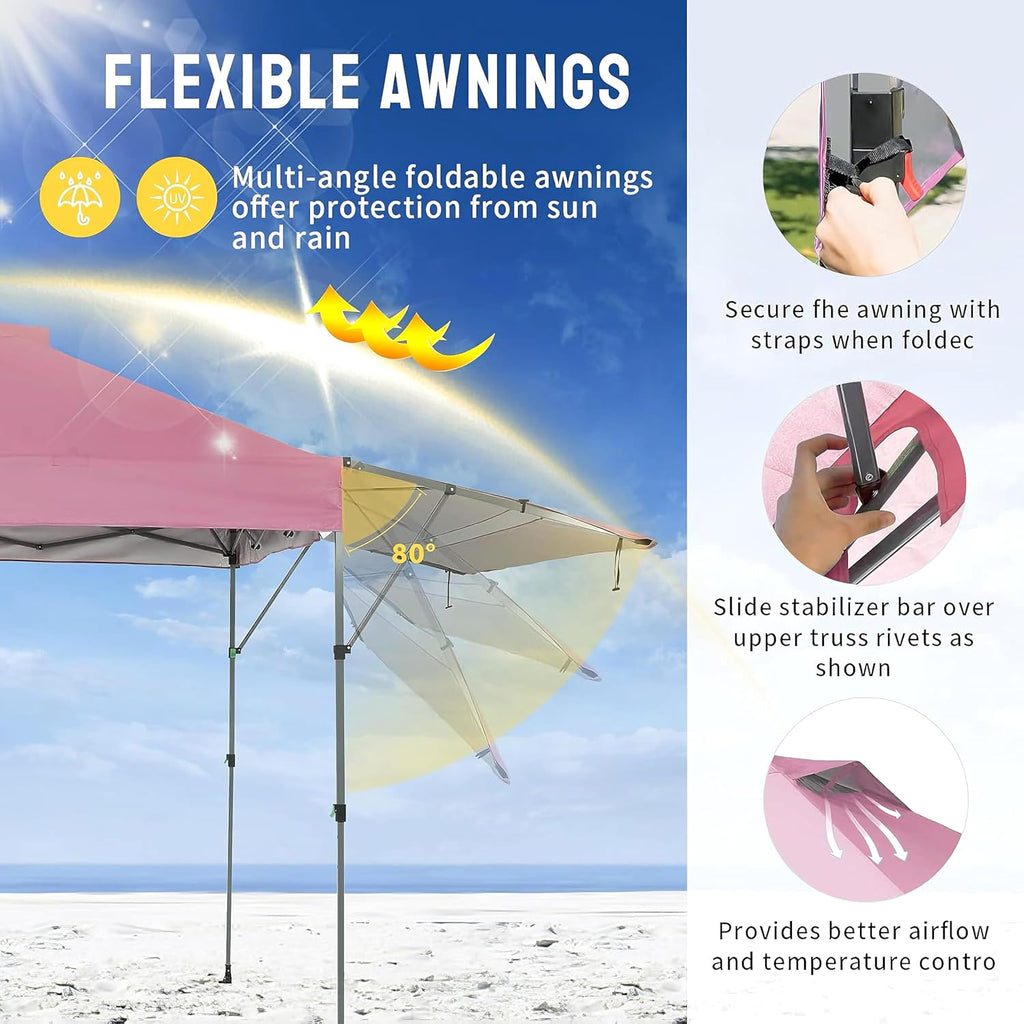 CROWN SHADES 10x10 Pop up Canopy with Adjustable Awning, Pink