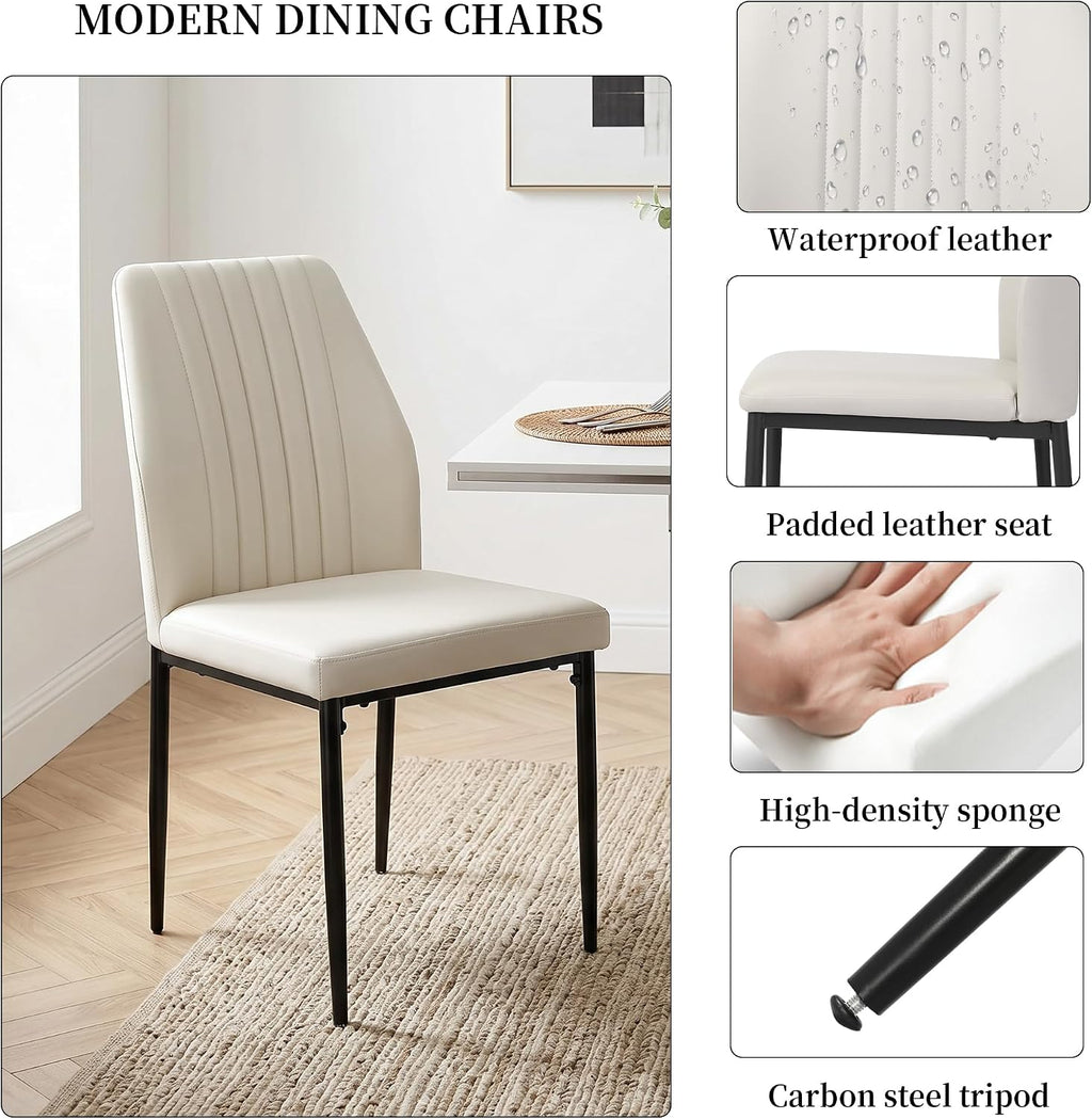 HIPIHOM Extendable Dining Table Set, White Table + 6 Beige Pu Chairs