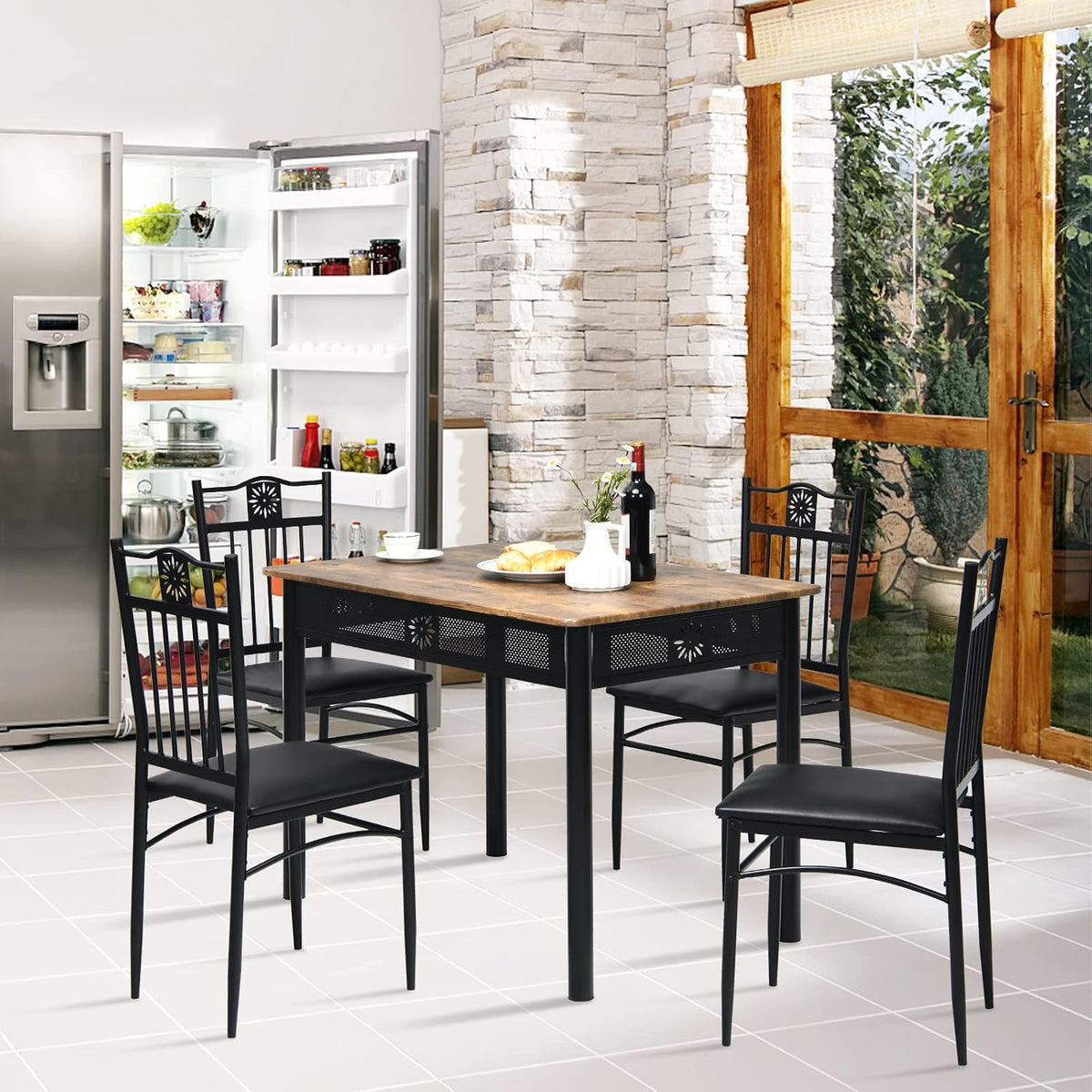 COSTWAY 5 Pieces Dining Table Set, Modern Kitchen Table Set for 4 Person, 42” Rectangular Table w/ 4 Upholstered Chairs, Bistro Table Set for Home, Coffee Shop & Restaurant (Black)