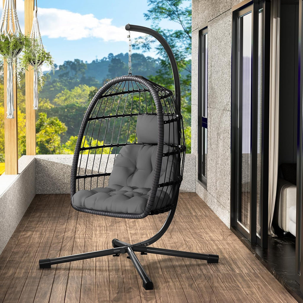 LEVELEVE Hanging Egg Chair with Stand, Patio Rattan Wicker Swing Chair, Oversized Hammock Seat for Bedroom Porch Garden, Thickened Steel Frame & UV Resistant Cushion, 350LBS Capacity（Grey