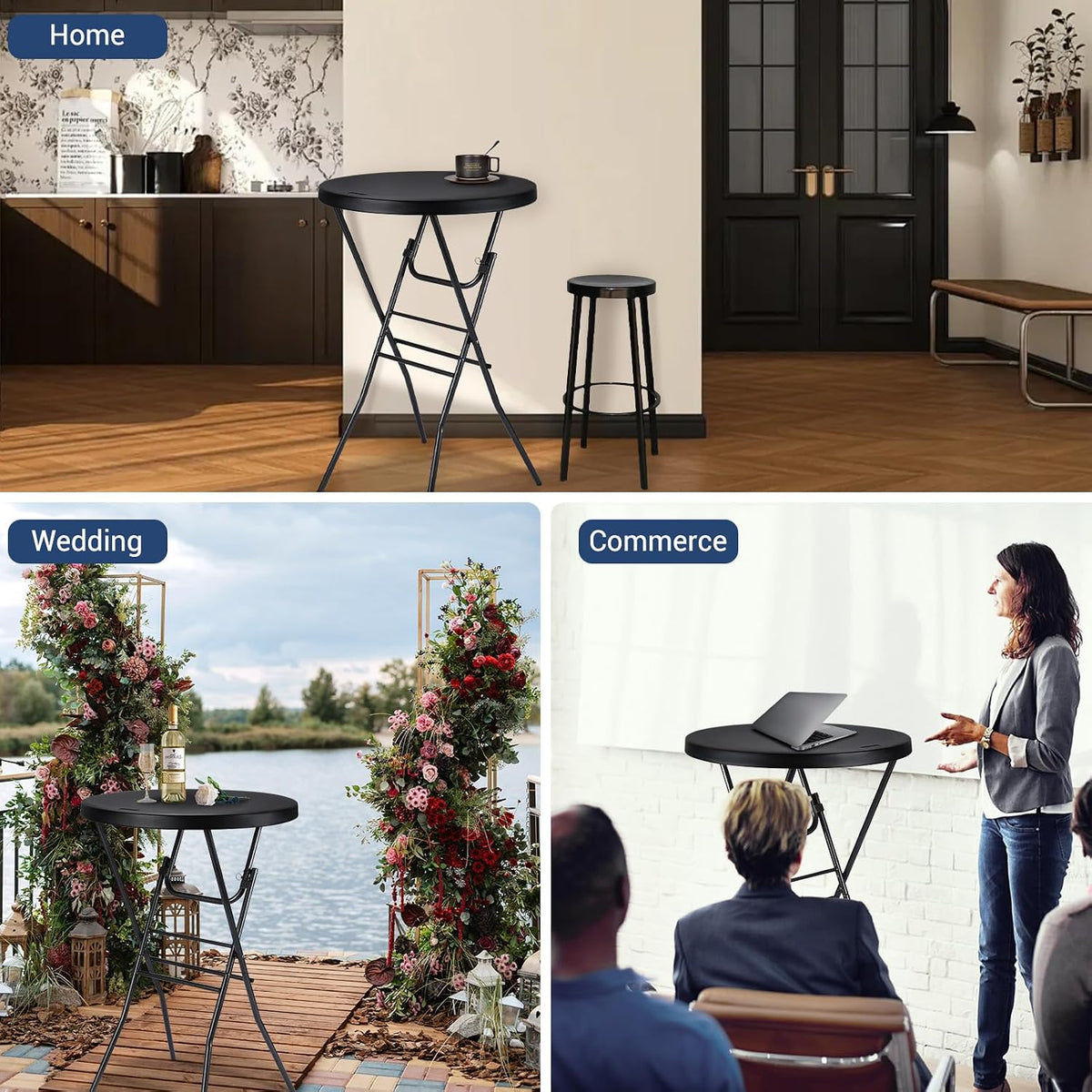 Byliable 28in Cocktail Folding Table, Round High Top Bar Height Black Table