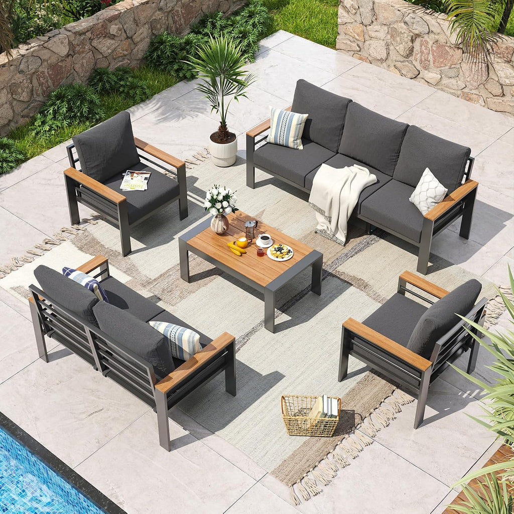 Aoxun Aluminum Patio Furniture Set 7 Seats, Oversized Outdoor Sectional with Washable Thick Cushions, Coffee Table, Patio Conversation Sets for Porch, Balcony, Deck, Dark Gray