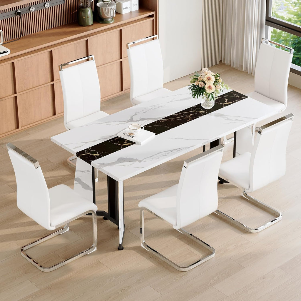 Dining Table Set for 6,White Marble 71'' Dining Room Table with Spacious legroom and White Leather Dining Chairs,Easy Assembley,7 Pieces Kitchen Table and Chairs for Dining Room,Restaurant