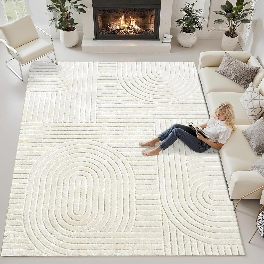 Beige Solid Area Rug 8x10, Washable Rugs for Living Room Bedroom