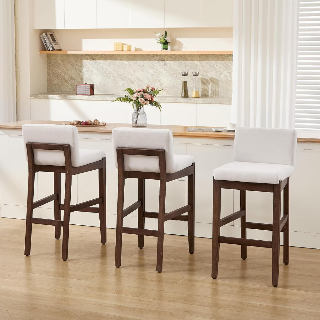 Bar Stools Set of 2, Counter Height Bar Stools with Backs, Comfortable Linen Upholstered Farmhouse Kitchen Island Stools, Barstools for Home Bar & Kitchen Counter, Beige