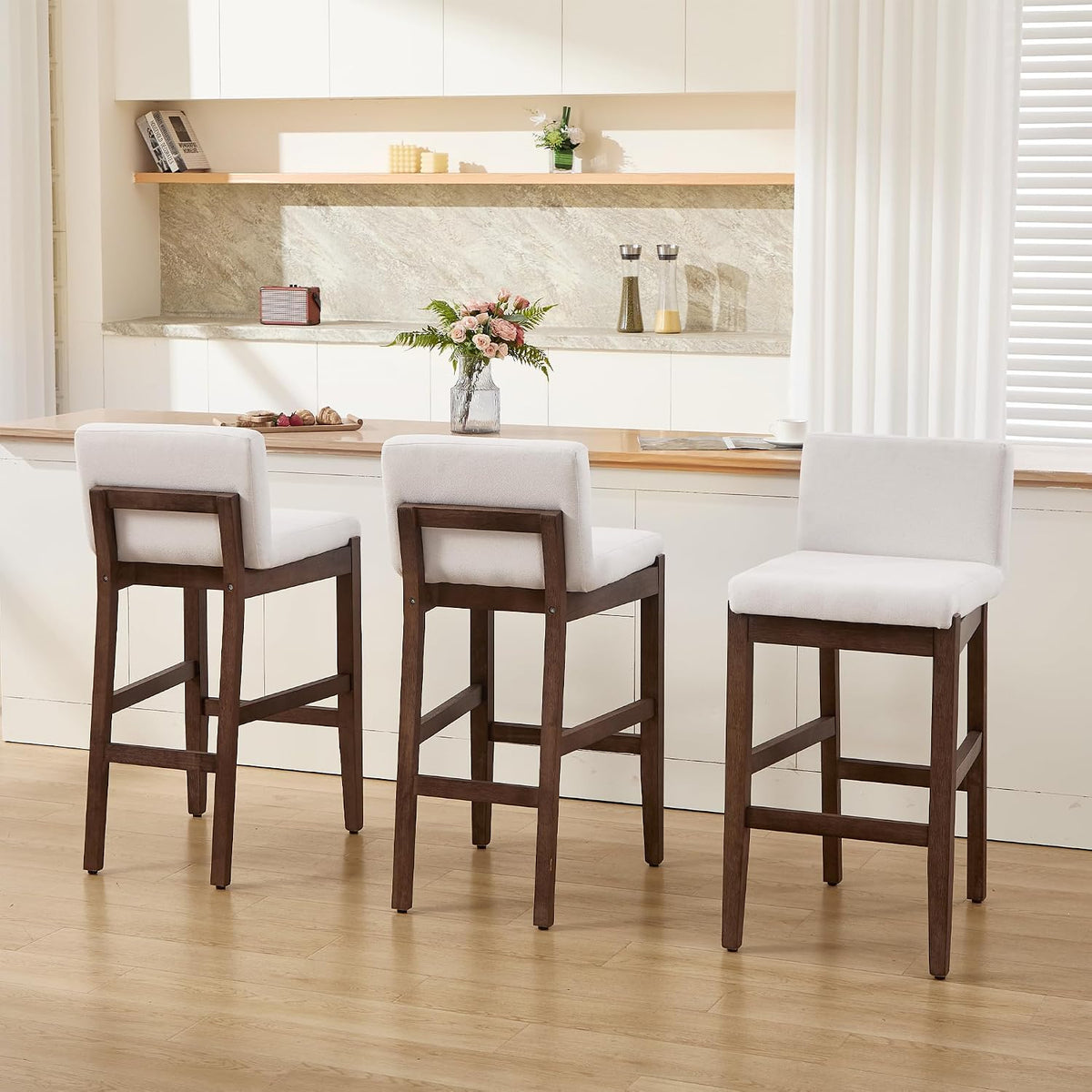 Bar Stools Set of 2, Counter Height Bar Stools with Backs, Comfortable Linen Upholstered Farmhouse Kitchen Island Stools, Barstools for Home Bar & Kitchen Counter, Beige