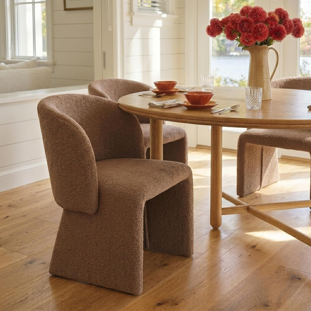 NORDICANA Barrel Dining Room Chairs with Arms, Faux Fur Accent Chairs Set of 4, for Kitchen, Living Room, Upholstered Armchairs, Brown
