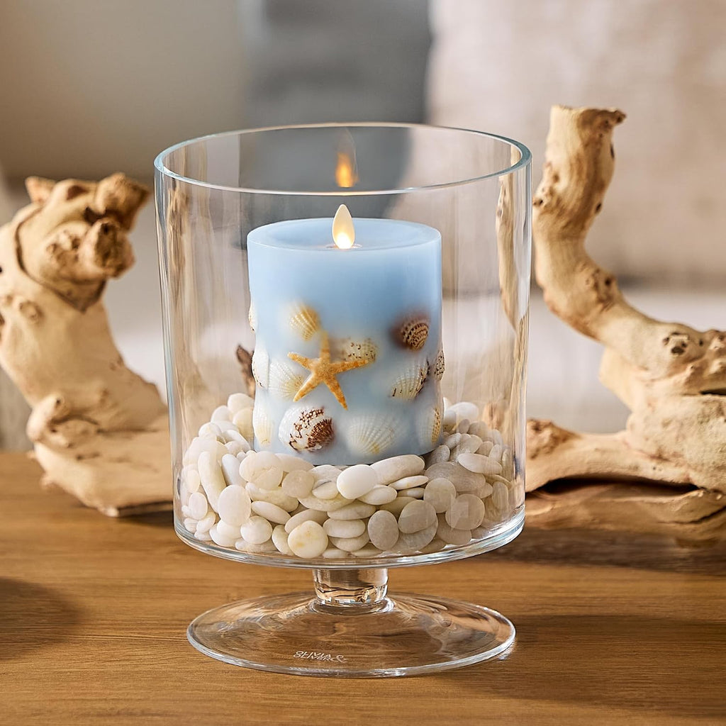 Luminara Flameless LED Candle Soft Chambray Embedded Seashell & Starfish Moving Flame Pillar Unscented Real Wax with Recessed Edge (4.5-inch)