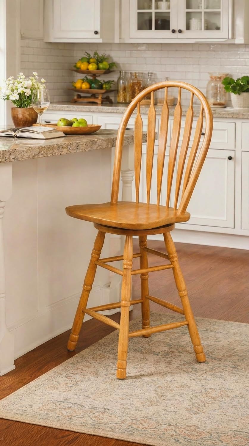 Sunset Trading Selections 24" Counter Height Swivel Barstool | Farmhouse Country Cottage Windsor Arrowback Café Stool | Light Oak Solid Wood | Dining Room Kitchen Home Bar Furniture