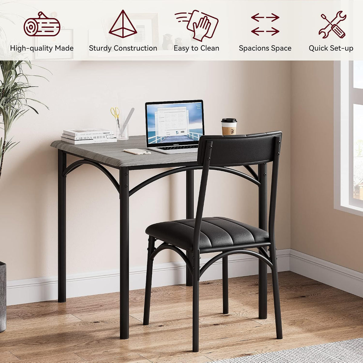 Amyove Modern Rustic Gray Square Dining Set, 29.2' L x W 30.1' H Table, 33.7' 18.4' 17' Chairs, 2 Person, Metal & MDF, Easy Assembly, Space-Saving