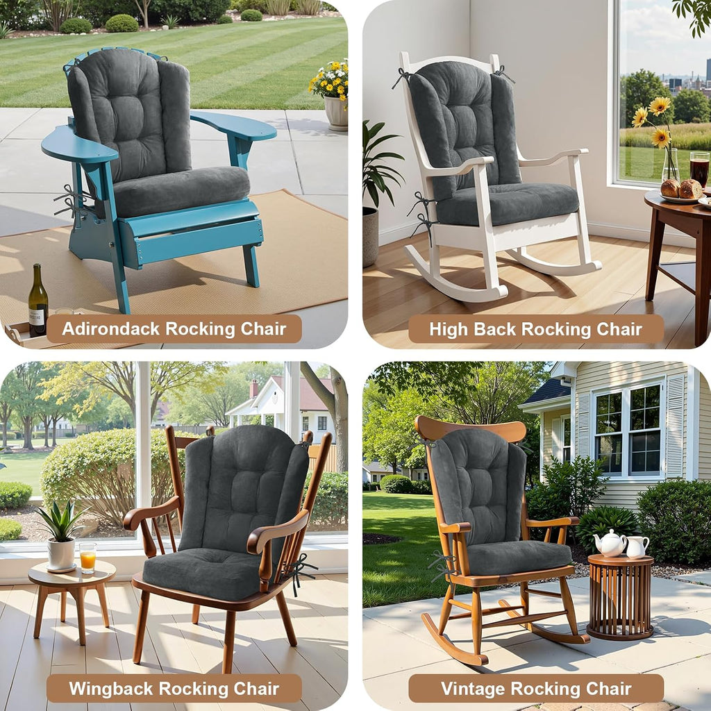 Wingback Rocking Chair Cushion - 17"x17" Seat & 26.7"x 22" Back, for Adirondack Chair, Glider & Indoor Rockers Cushions, High-Density Sponge, Comfort Chenille with Ties(Dark Grey, 2-Piece)