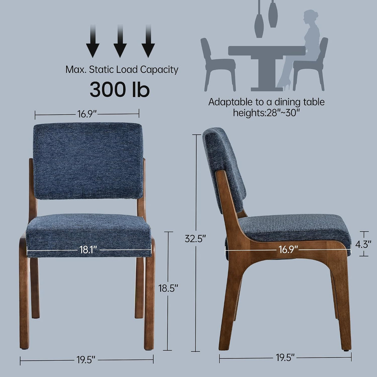 VKNOW Dining Chairs Set of 2, Modern Kitchen Chairs with Wood Legs, Blue