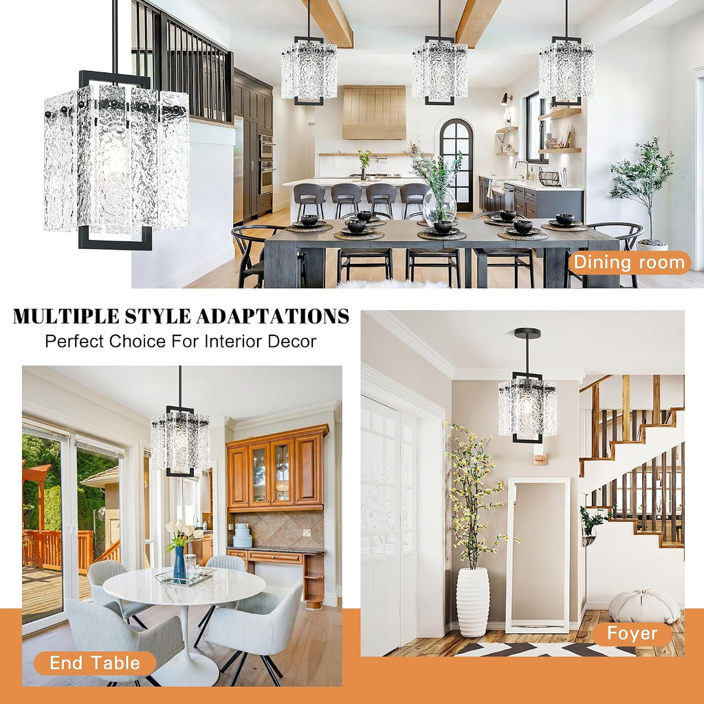 Modern Black Rectangle Chandelier, Black 7" Pendant Lights Kitchen Island with Water Ripple Glass, Pendant Light Fixtures for Dining Room, Living Room, Kitchen Island