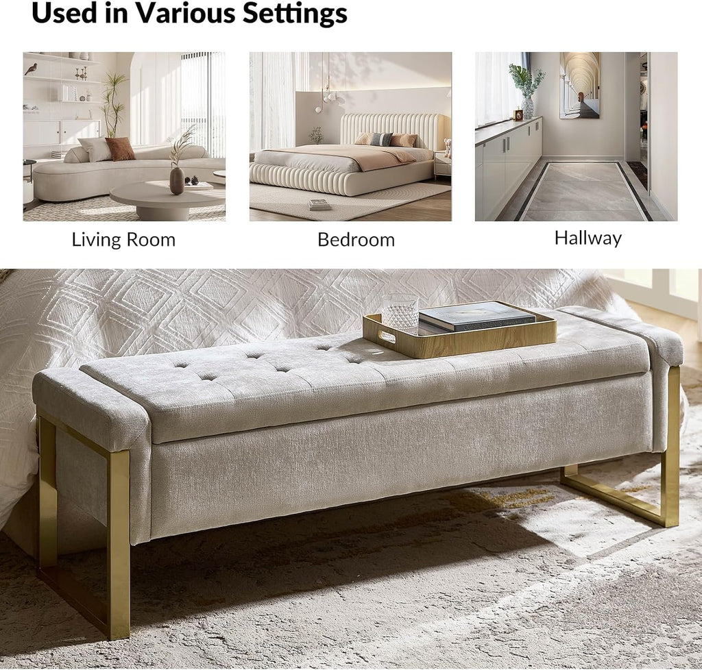 EcoHarbor Living Modern Storage Ottoman Bedroom Bench, End of Bed Bench with Gold Metal Legs, Upholstered Footrest Stool for Living, Dining Room, Entryway and Hallway(Beige 55inch)