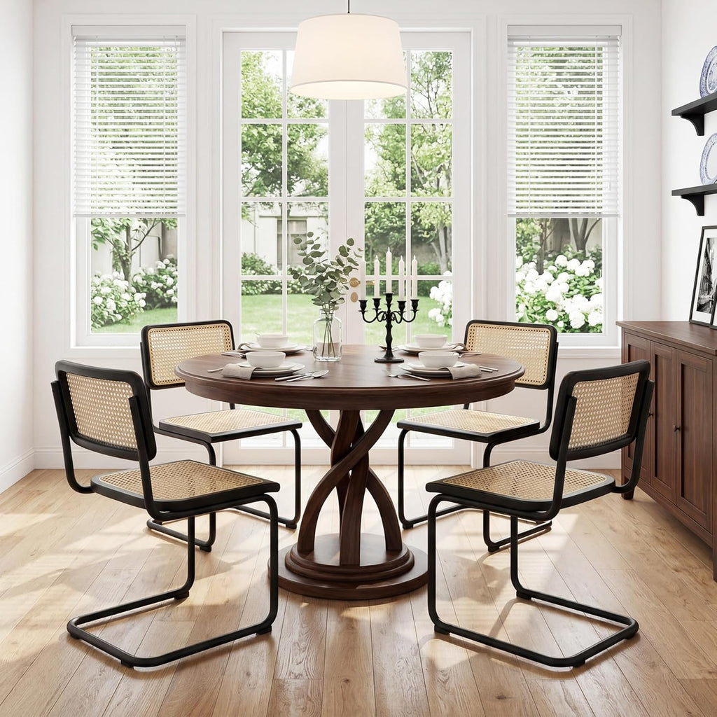 Flouki Rattan Dining Chairs Set of 4, Boho Accent Chairs for Kitchen Room with Natural Cane Mesh, Mid Century Cantilever Design, Solid Rubber Wood