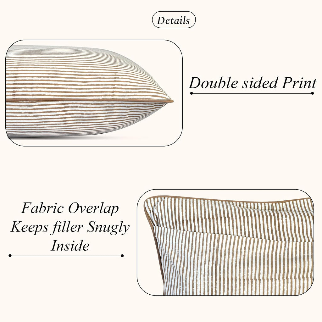 ridhi oatmeal brown stripe hand block print pillow shown in use