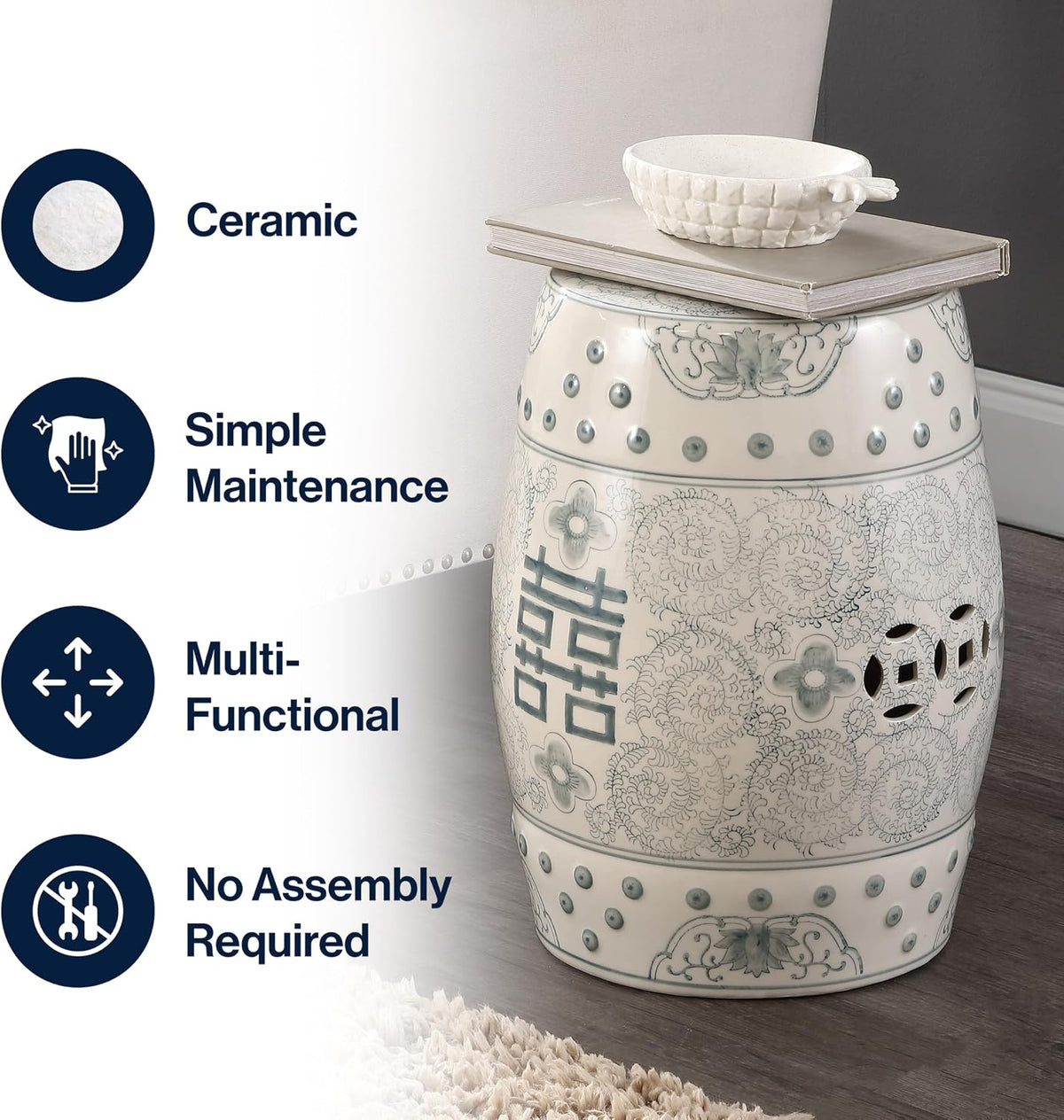 JONATHAN Y Double Happiness Ceramic Garden Stool 18" Table, Gray Blue/White