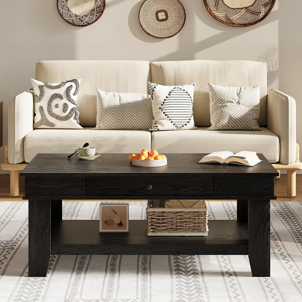 GarveeHome Black Coffee Table 47.2" Center Table with Drawer and Storage Shelf, Large Coffee Tables Living Room Furniture, Sturdy and Easy to Clean, Holds 300 Pounds in Total