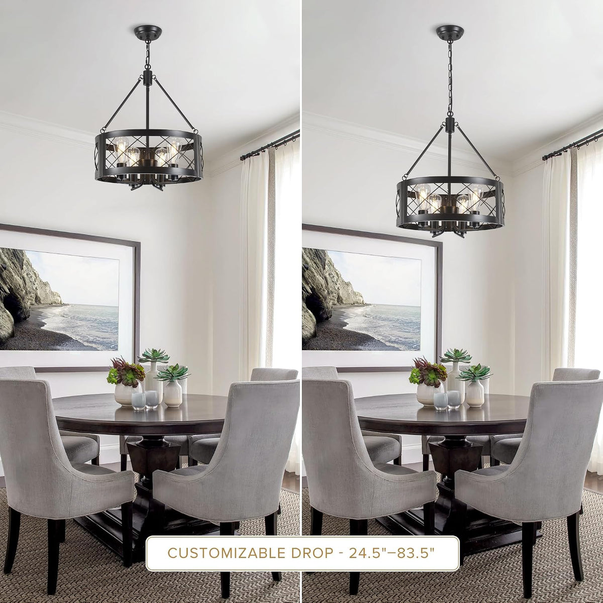 black farmhouse chandelier for dining room, 18" rustic, side view