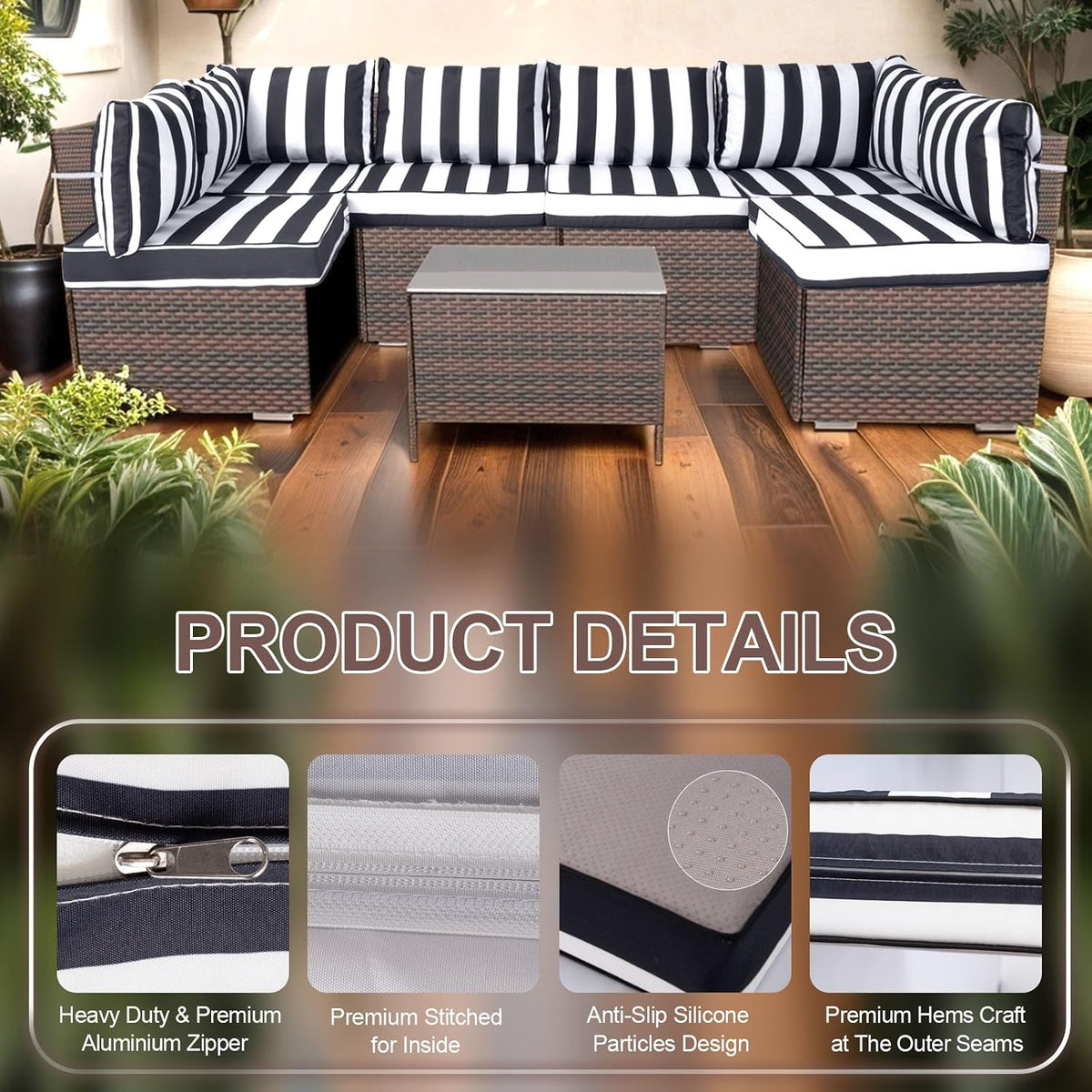 14 Piece Outdoor Furniture Replacement Cushions, Cover+Filling, 25.6" x 25.6" x 4" Foam Waterproof Outdoor Sofa Cushion Sets, Fit Wicker Rattan Sectional Conversation Set, Grey Black Stripes