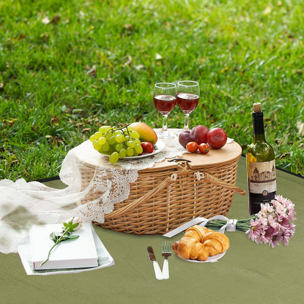 15" Cooler Picnic Basket with Blanket, Wooden Split Lid Picnic Basket