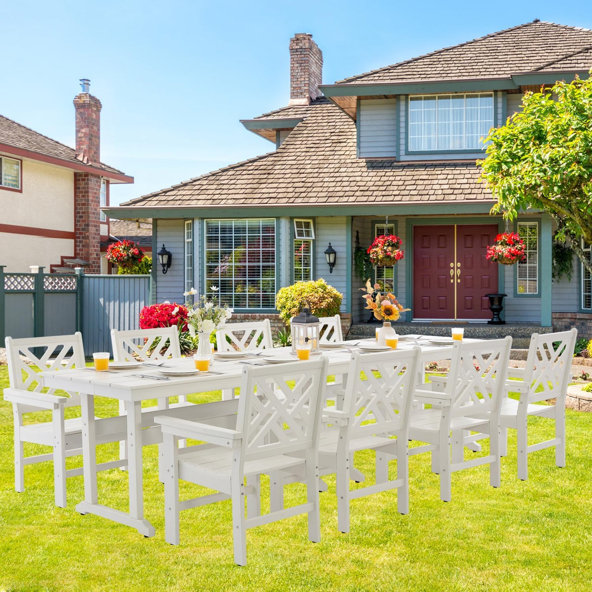 HDPE Dining Table Set for 8,10-Piece Outdoor Table and Chairs Include 8 Dining Chairs and 2 Pcs 62.5" Patio Dining Table with Umbrella Hole (White)