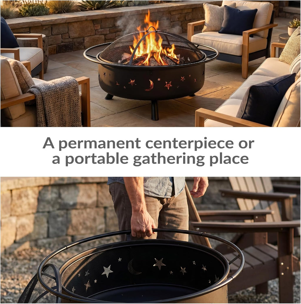 Sunnydaze Cosmic 42" Large Fire Pit for Outside Wood Burning, Round, Metal