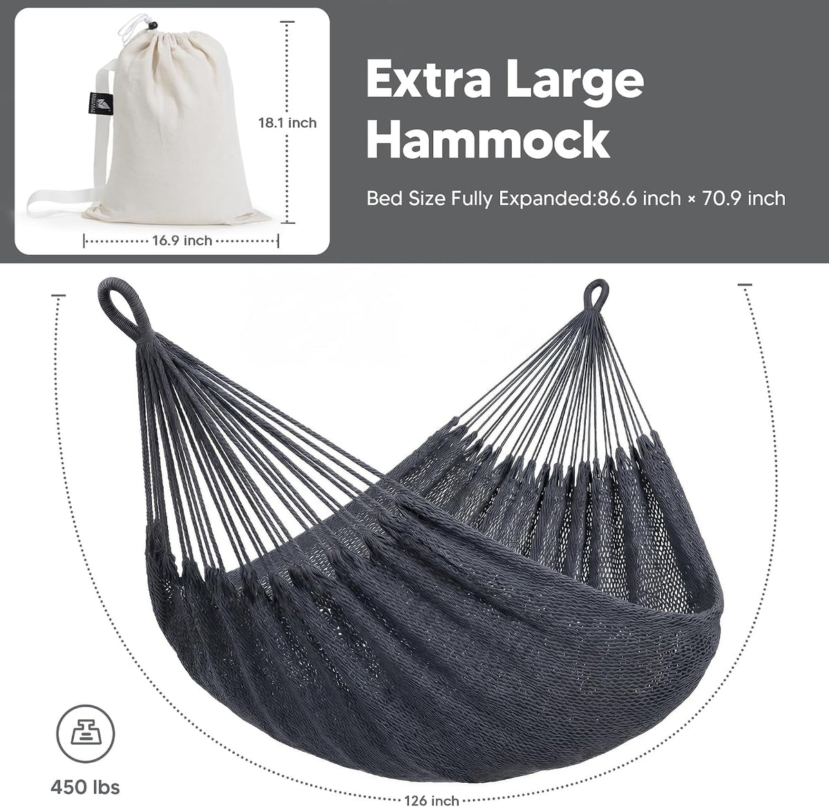 SUNCREAT Hammocks Outdoor Hammock Swing, Extra Large Hammock, Gray