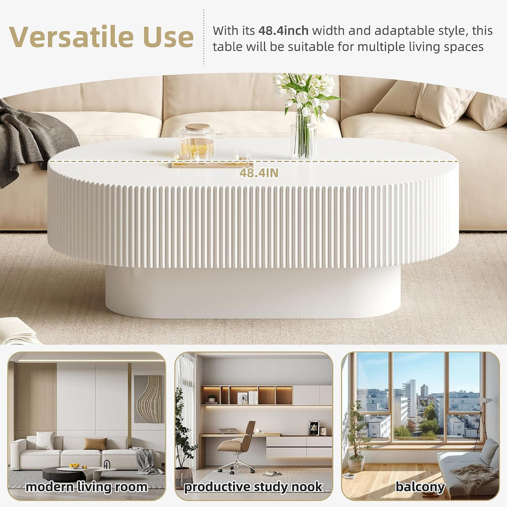 LUMISOL Oval Fluted Coffee Table with Thick Tabletop and Base,White