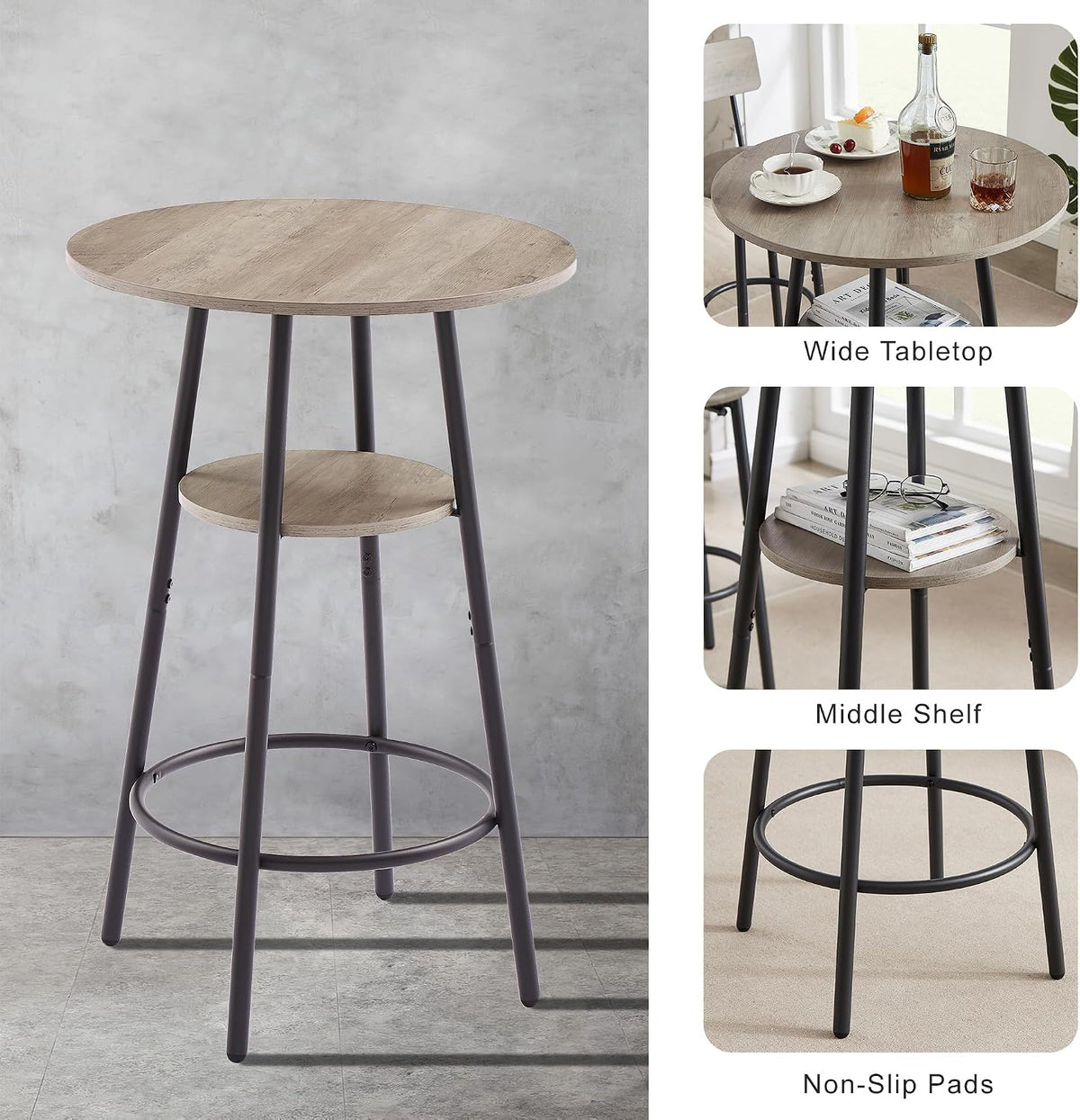3 Piece Round Bar Table Set with Storage Shelf, Bistro Pub Counter Height Table and 2 Upholstered High Stools, Industrial Kitchen Breakfast Nook for Dining Room, Small Space, Gray
