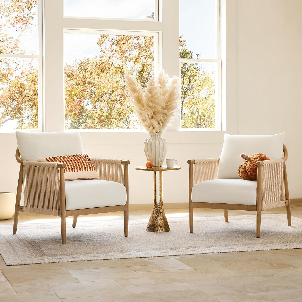 CHITA Braid Accent Chair Set of 2, Wood Frame and Paper-Cord Armrest, Cream