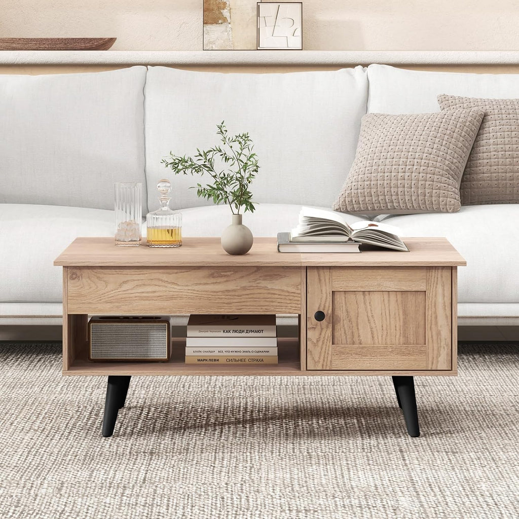 Tangkula Lift Top Coffee Table with Storage, Living Room Table with Hidden Compartment, Cabinet & Open Shelf, Flip Top Center Table, Pull up Coffee Table for Home, Office (Natural)