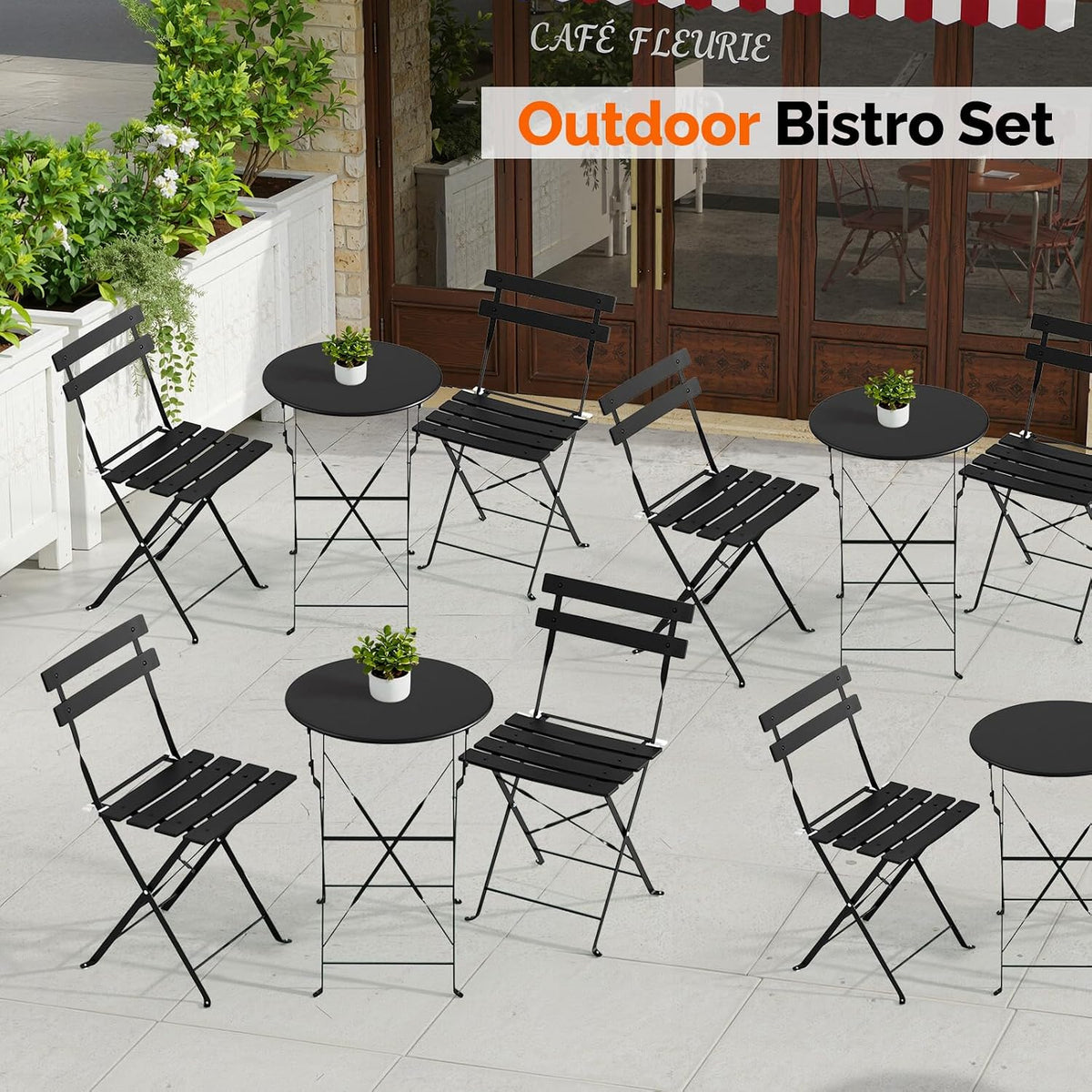VINGLI Outdoor Folding Bistro Table and Chairs Set of 2, 3-Piece Bistro Set with Premium Steel Frame and Comfortable Cushions for Patio, Balcony, Garden, Porch, Yard, Black