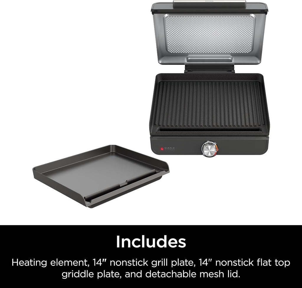 Ninja® Sizzle™ Indoor Grill & Griddle, 14'', 500°F, Grey/Silver, GR101