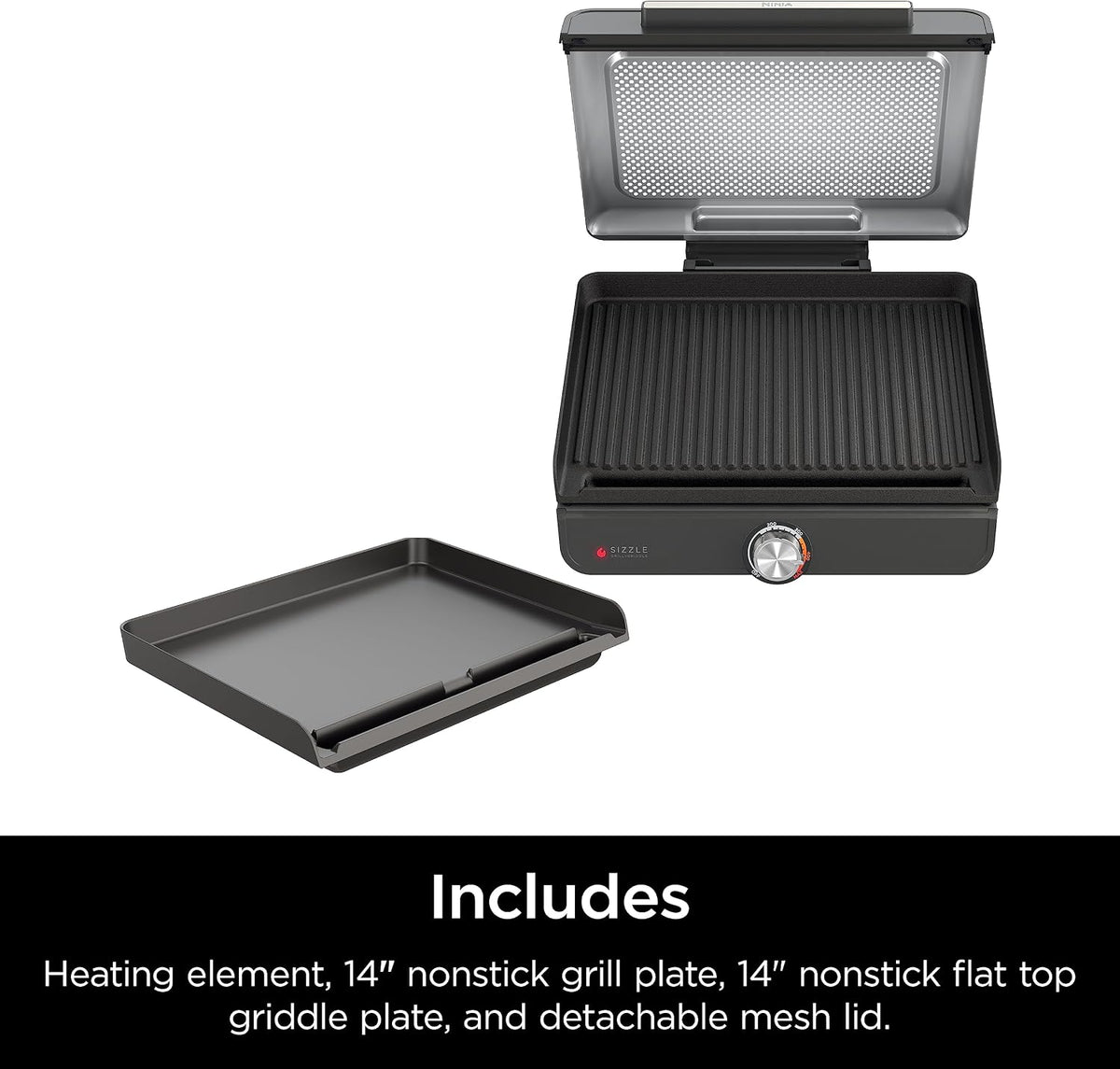 Ninja® Sizzle™ Indoor Grill & Griddle, 14'', 500°F, Grey/Silver, GR101