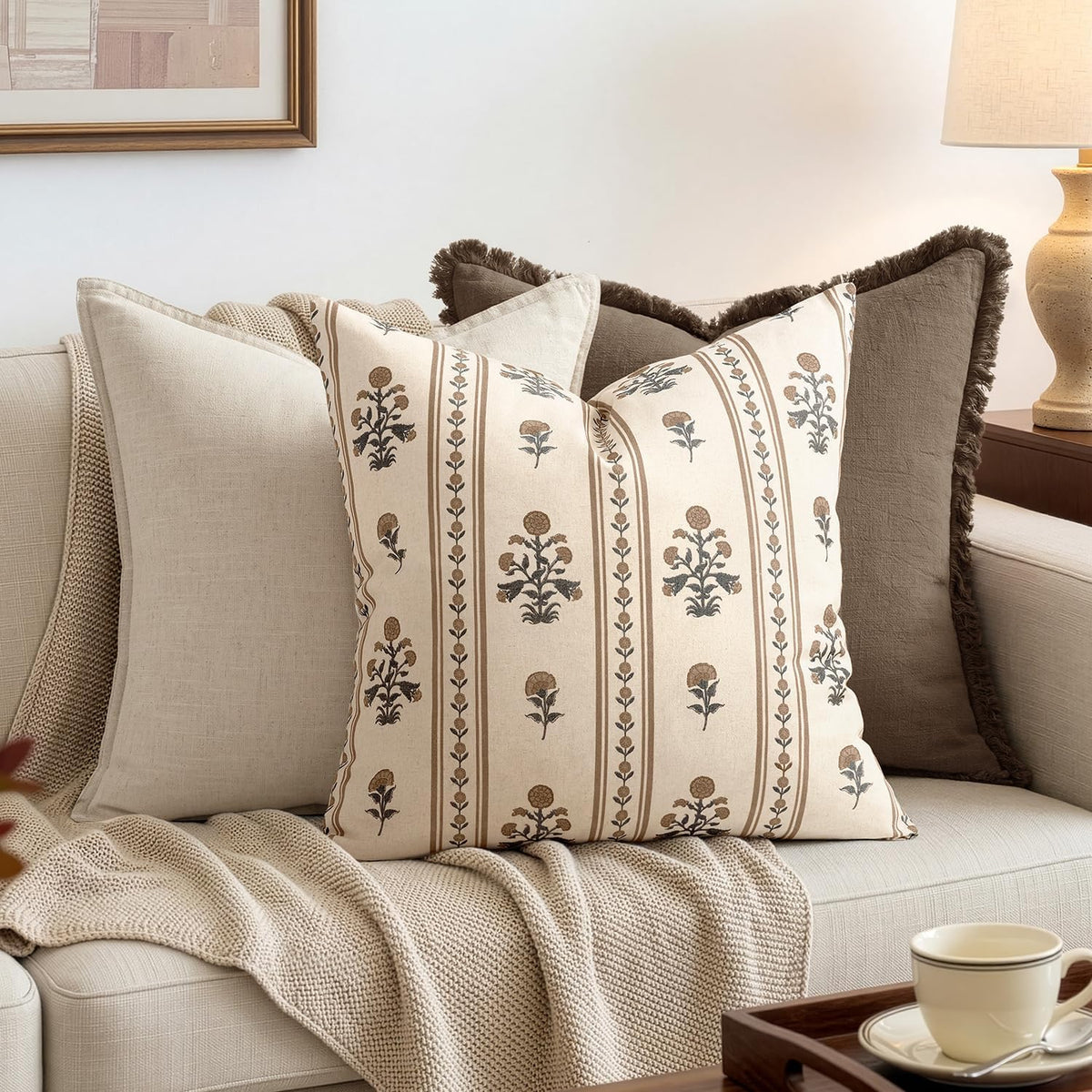 striped euro floral throw pillow covers 24x24 inch, close-up detail