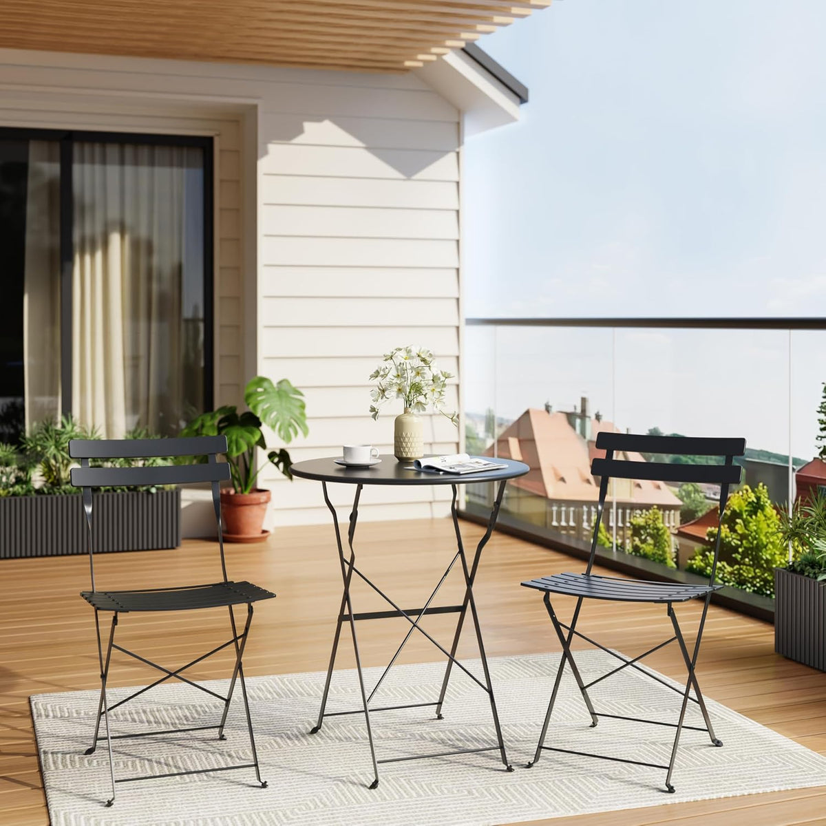 GarveeHome 3 Piece Foldable Patio Bistro Set, Compact Round Table with 2 Folding Chairs for Garden, Black