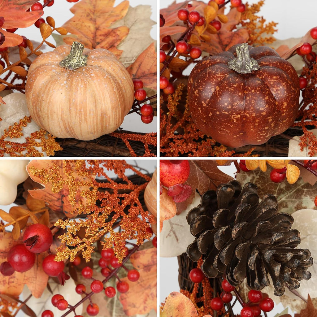 22" Artificial Fall Wreath for Front Door Autumn Harvest Wreath with Pumpkin Oak Maple Leaf Pine Cones Eucalyptus Berry for Halloween Thanksgiving Day Indoor Outdoor Farmhouse Window Wall Décor