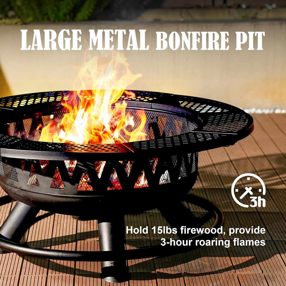 36 Inch Outdoor Fire Pit with 2 Grills,Wood Burning Outside Large Fireplace