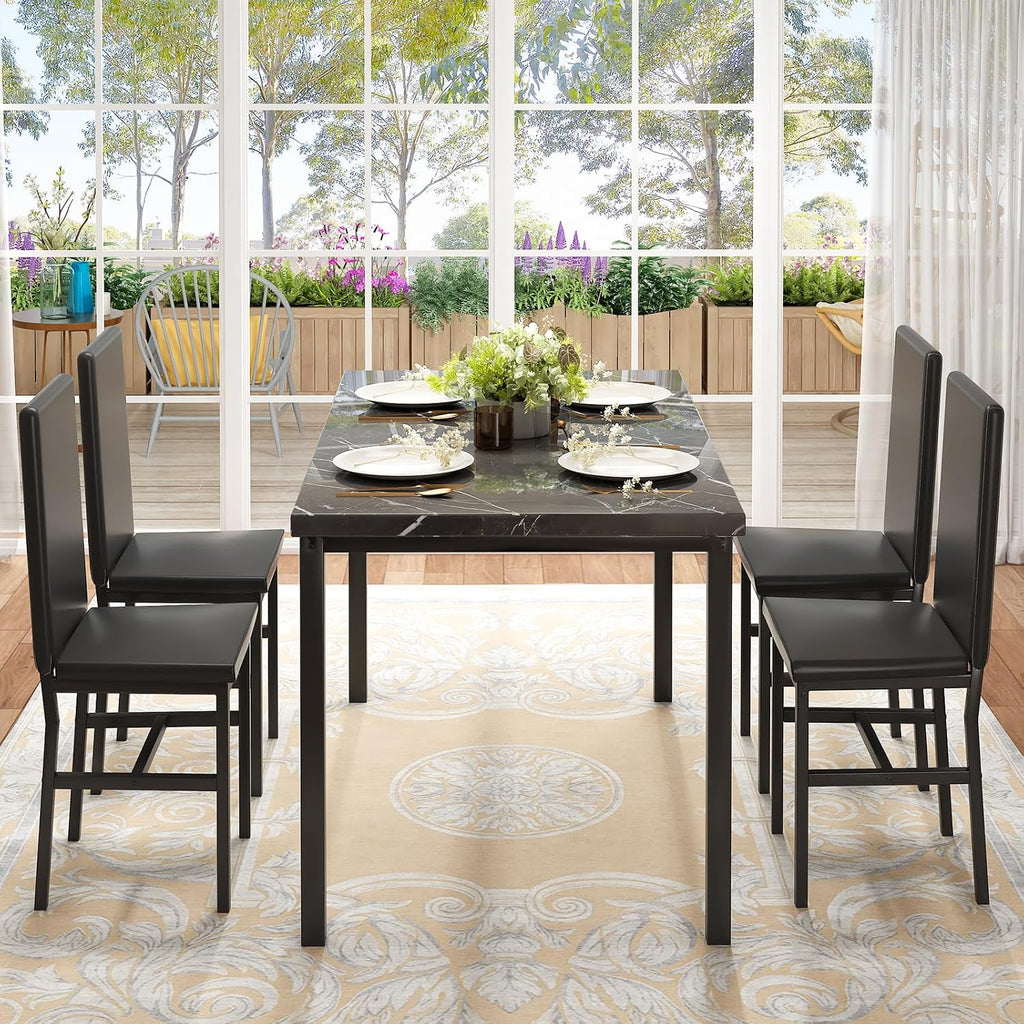 Hooseng Dining Table Set for 4, Modern Faux Marble Kitchen Table with 4 PU Leather Chairs, 5 Piece Dining Room Sets for Dinette, Breakfast Nook, Black (Set of 4)