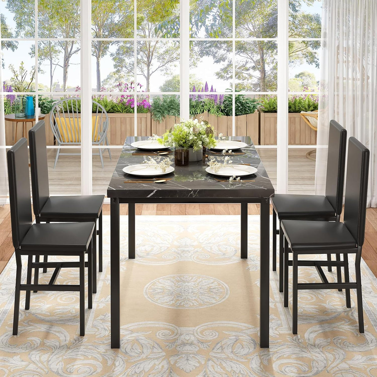 Hooseng Dining Table Set for 4, Modern Faux Marble Kitchen Table with 4 PU Leather Chairs, 5 Piece Dining Room Sets for Dinette, Breakfast Nook, Black (Set of 4)