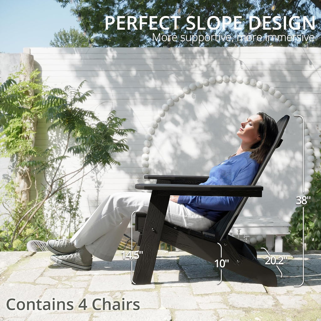 LUE BONA Folding Adirondack Chairs Set of 4, HDPS Fire Pit Chairs, Black