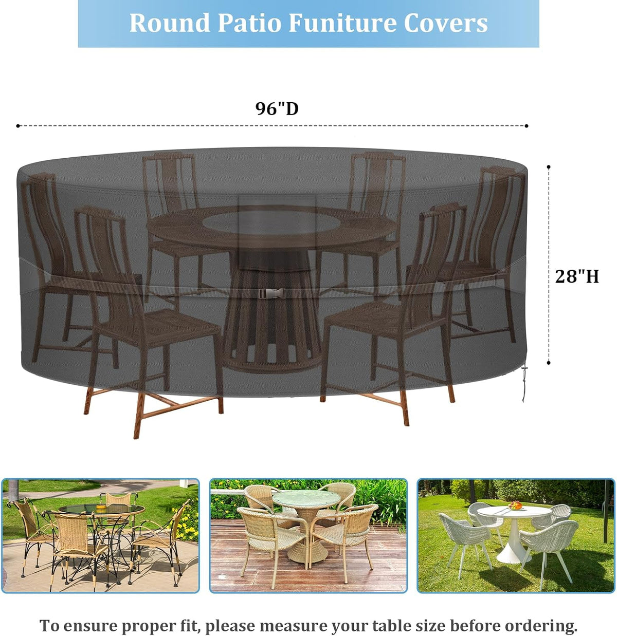 RICHIE Round Patio Furniture Covers - 600D Heavy Duty Waterproof Outdoor Table Cover, Lawn Furniture Set Covers for Dining Table and Chairs Seating 96"DIAx28"H