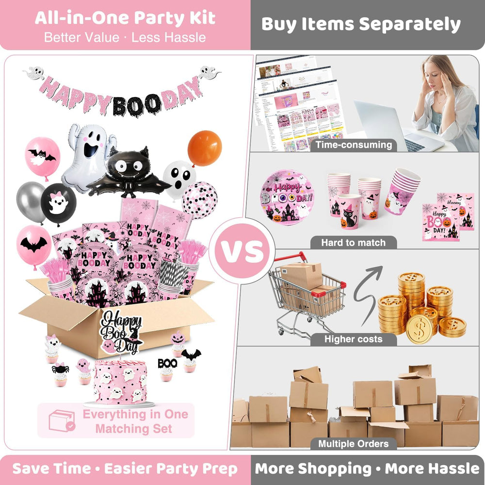 Happy Booday Party Decorations, Pink Halloween Birthday Decorations for 24