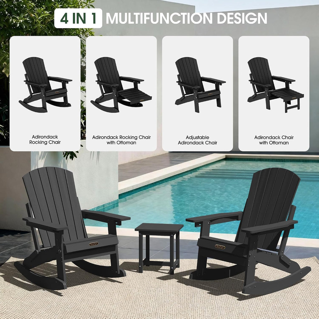4-in-1 Adirondack Rocking Chair Set of 4, HDPE, Ottoman, Black